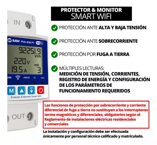 Protector Tensión Monofásico Wifi 63a Smart life multifunción medidor  consumo protección sobre corriente detección fuga amperímetro voltímetro  parámetros configurables Tbcin
