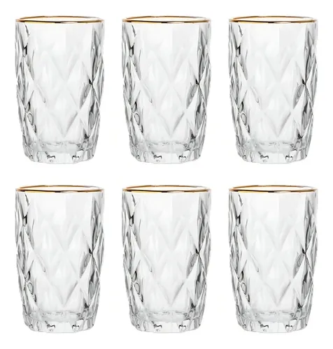 Jogo 6 Copos Altos 350ml Borda Dourada Diamond Fio De  Ouro Transparente
