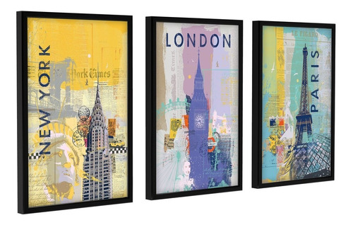 Trio De Quadros Decorativos Paisagens Paris Londres New York