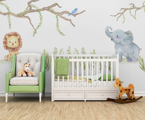 Papel De Parede Leão Elefante Para Quarto De Bebê Pp289 M²