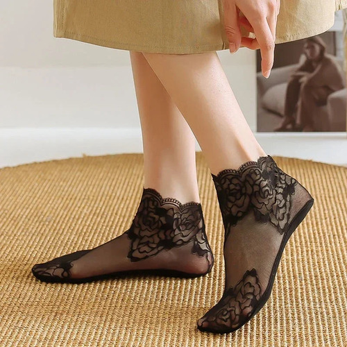 Calcetines De Encaje Con Estampado Floral Invisible, 5 Pares