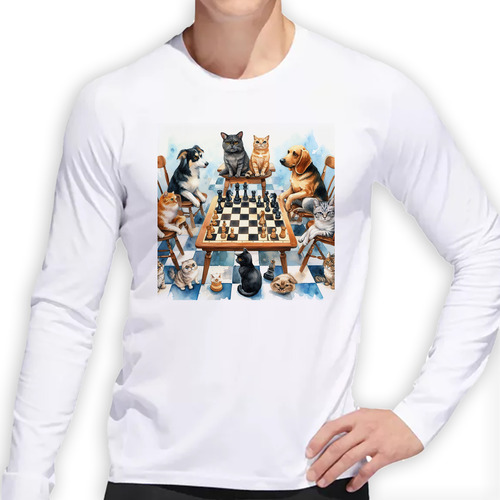 Remera Hombre Ml Perro Ajedrez Jugando Con Gatos Chess