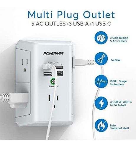 Extensor De Enchufe MĂșltiple Con Usb - Poweriver Surge Prote