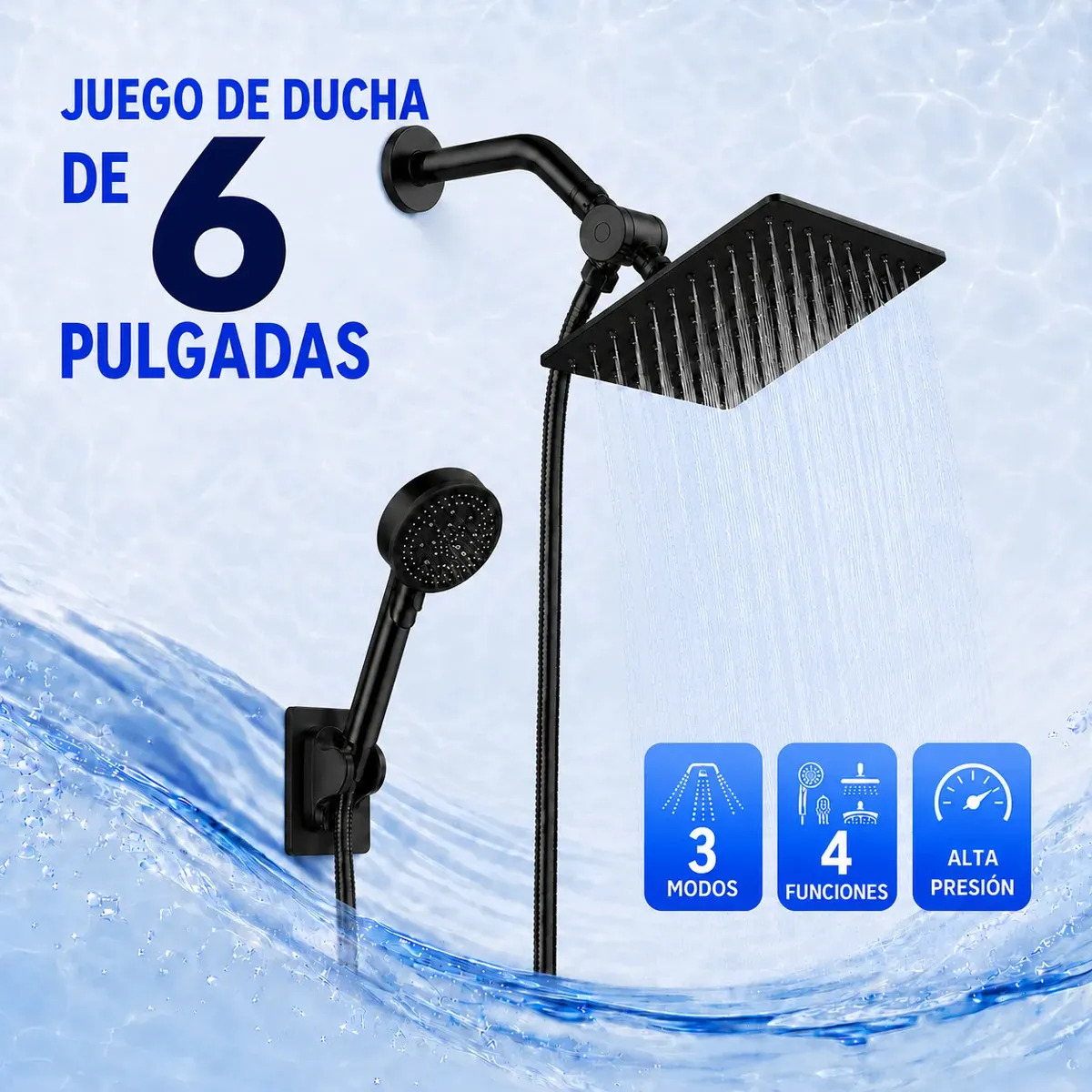 Regaderas Para Baño De Cuadrada 6'' De Alta Presion Tipo Lluvia De Acero inoxidable Traje Negro con 1.5m Manguera