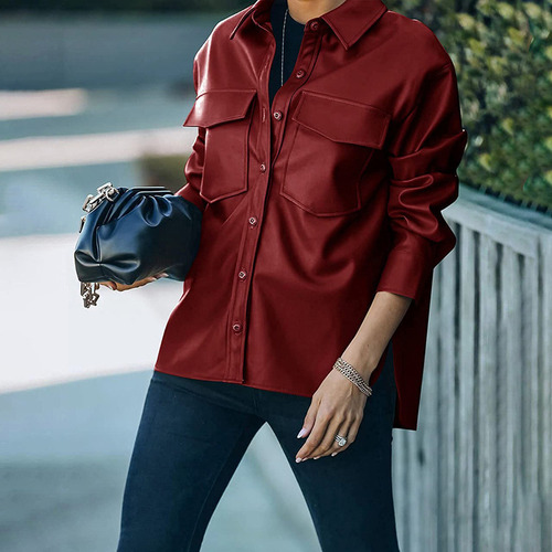 Camisa Casual De Cuero Para Mujer Con Botones