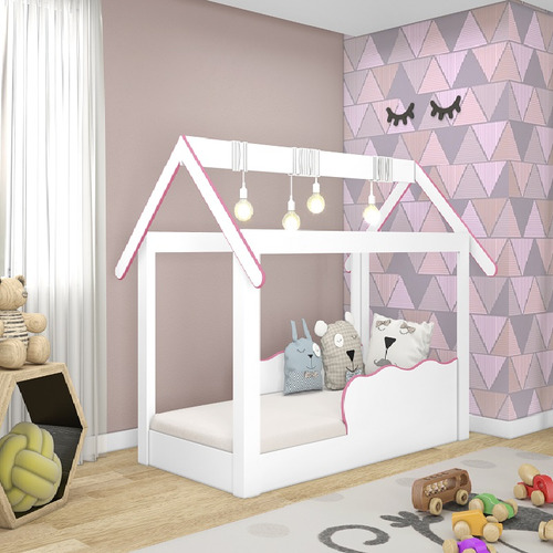 Mini Cama Casinha Montessori Infantil Branco Rosa Djd