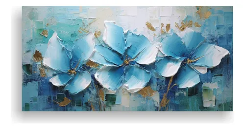 comprar 100x50cm Pintura Al Estilo Óleo Abstracta Azul Con Flores E