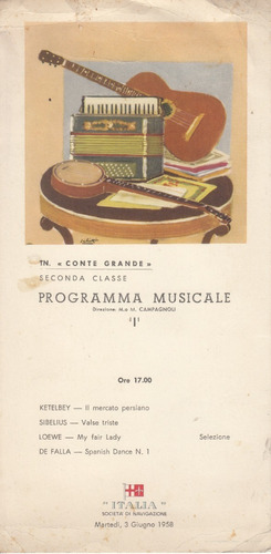 1958 Programa Musical Del Crucero Conte Grande Genova Italia