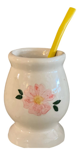 Mate De Cerámica Artesanal Criollo Con Frases Y Bombilla Beige Flor
