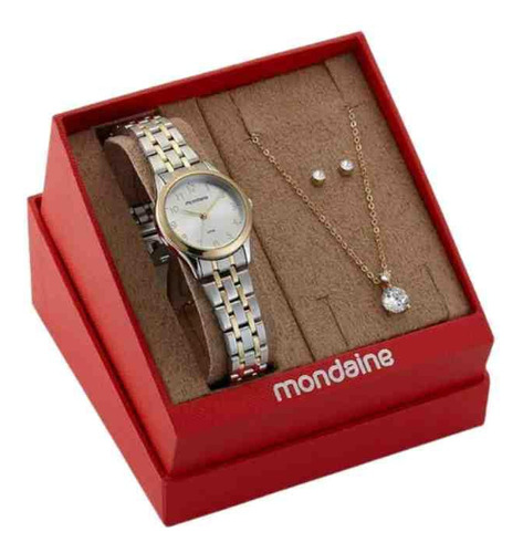 Kit Relógio Mondaine Prata Dourado Feminino 32608lpmkbe3k1