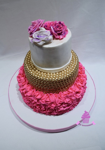 Torta Dorada Rosa 15 Años Casamiento Rosas Flores