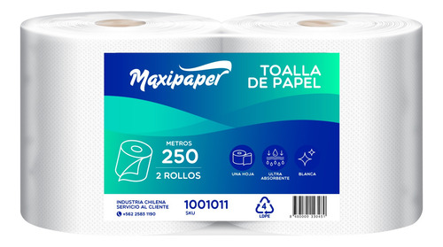 Toalla De Papel H/s Maxipaper 2 Pack De 250 Mt X 2 Rollos