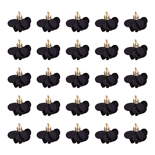 50 Pendants De Tela Forma De Flor Negra Y Tapa Dorada C...