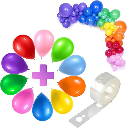 Juego Globos Arcoiris Paquete 100 12 Pulgadas Con Tira Arco