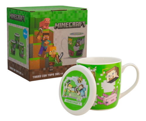 Taza De Porcelana Con Tapa Diseño Personajes Animados 385ml Color Verde Minecraft