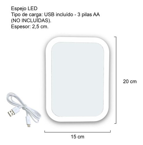 Espejo Rectangular Maquillaje Make Up Luz Led Usb Pilas Bz3 Marco Blanco Rj2417