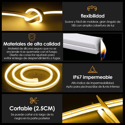 Kit Manguera Luz Neon 5 Mts + Fuente + Ficha 12v Exterior Interior Resiste Al Agua Luminoso Flexible Levys Bazar Blanco Frío