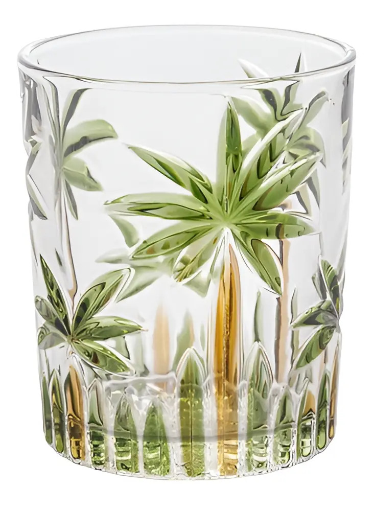 Jogo 6 Copos De Cristal Wolff Palm Tree 340ml Coqueiro Palmeira Tropical Água Suco Refrigerante Drinks Mesa Posta Verão Verde