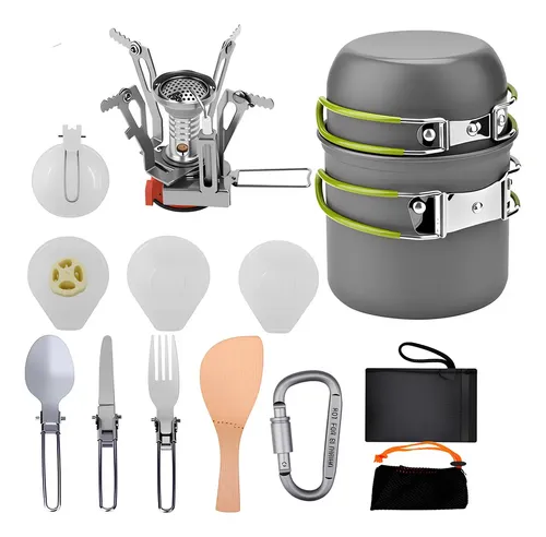 Kit Cozinha Camping Panelas Completo 14pçs C/ Mini Fogareiro Cor Cinza