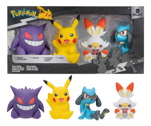 Set De 4 Figuras Pókemon Gengar Scorbunny Riolu Y Pikachu