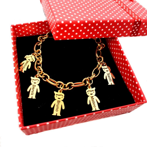 Pulsera Acero Con 5 Dijes Niños Con Nombre Personalizado