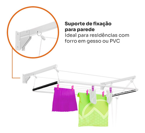 Varal De Parede Teto Reforçado Aço Solution 120cm