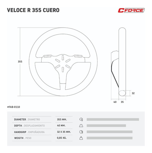 Volante Deportivo Veloce R C 355 Tapizado Cuero Collino