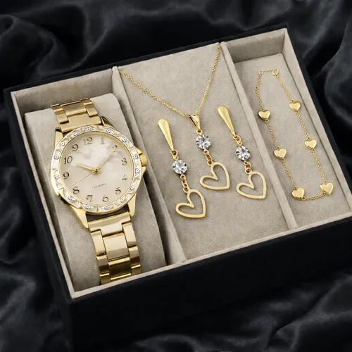 Kit Colar + Brincos E Pulseira Folheados + Relógio Feminino