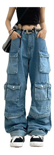 Pantalones Cargo Azules Con Múltiples Bolsillos Jeans Moda
