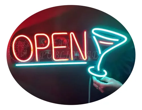 Cartel Neón Led Open + Copa Trago + Base De Apoyo Mdf 