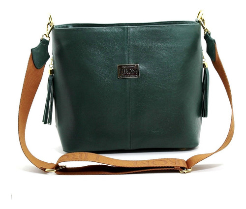 Bolsa Feminina Couro Legítimo Grande Alça Transversal Lirom Cor Verde Desenho Do Tecido Liso