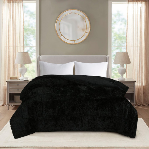 Edredon Pelo Largo Y Liso 2x1 Doble Vista Matrimonial Jumbo Color Negro