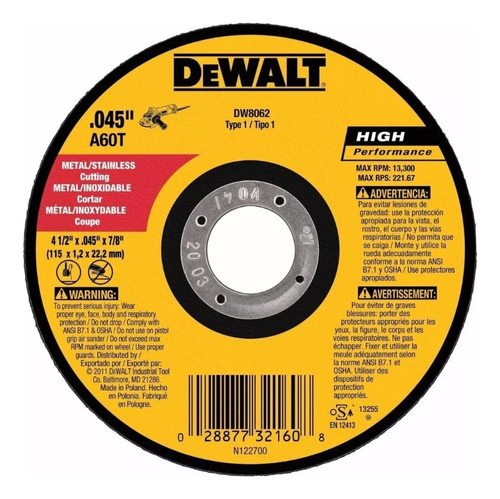 Disco Dewalt Original Corte Metal 4 1/2'', 22.2 X 1.2 Mm