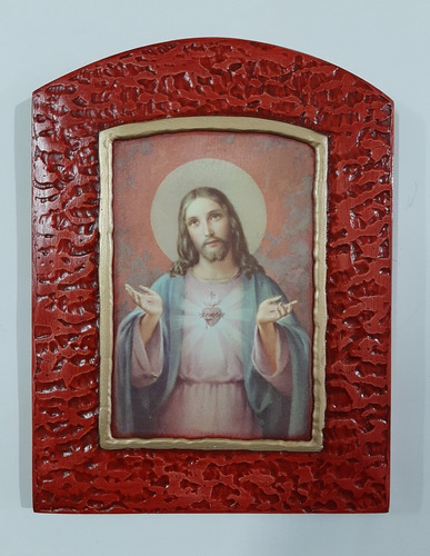 Cuadro Corazón De Jesús - Estucado De Madera 13 X 18 Cm 