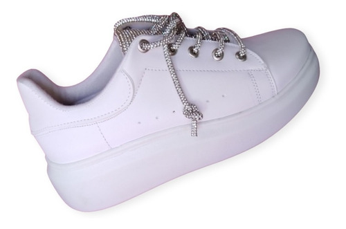 Tenis Blanco Con Brillos Agujetas De Brillos Urbano Casual 