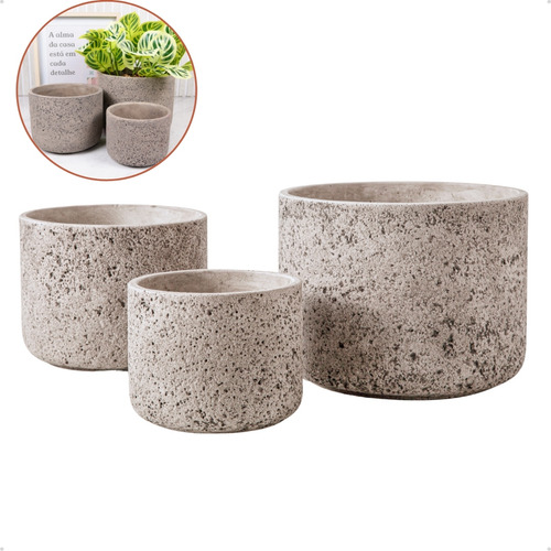 Kit 3 Cachepots Cimento Rústico Cinza Texturizado Decorativo