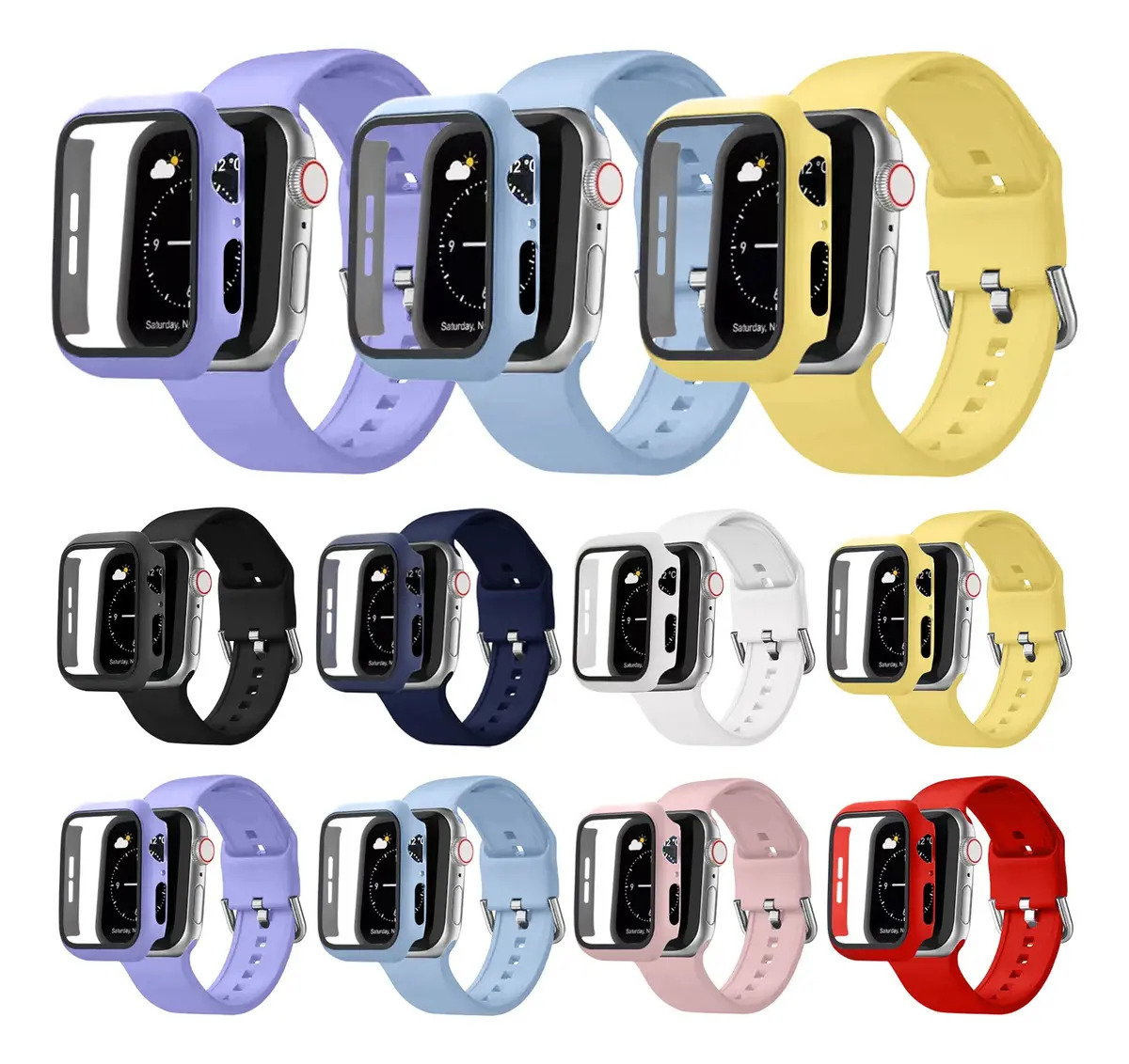 Pack de Correas y Fundas para Apple Watch de Silicona en Morado, Azul Claro y Amarillo