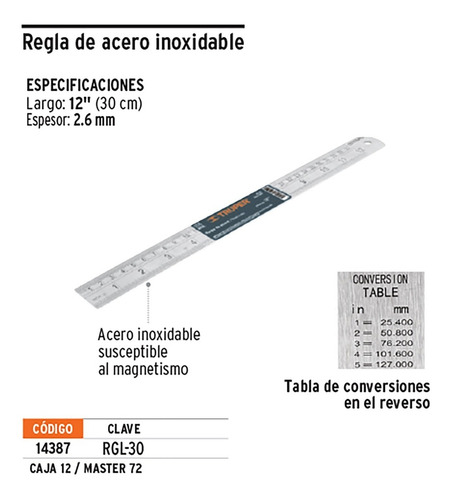 Regla Metalica Acero Inoxidable 30 Centimetros Truper 14387