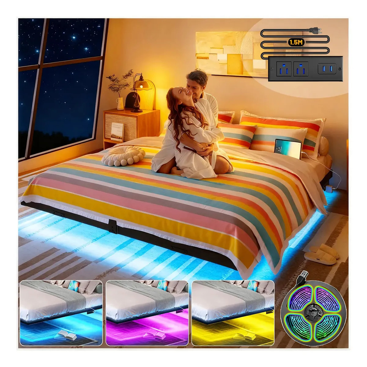 Base Cama Matrimonial Flotante con Luces LED RGB y Puertos USB