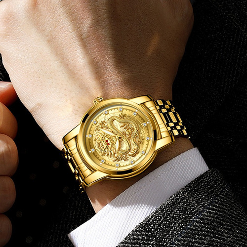 Reloj De Cuarzo Dragón Con Anillo Dorado