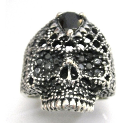 Anel Prata De Lei 950 Cranio Skull Caveira Com Pedra Onix