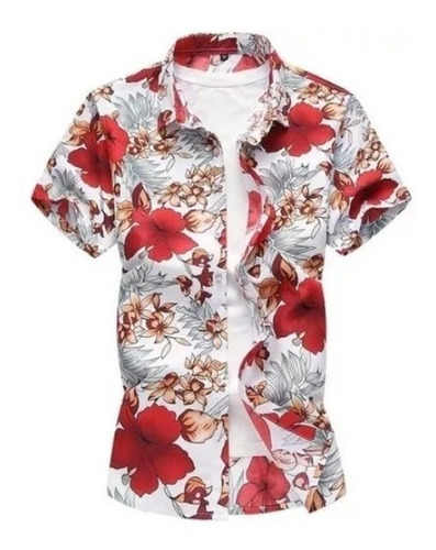 Camiseta Com Flores Flora Vermelha Masculina Manga Curta 