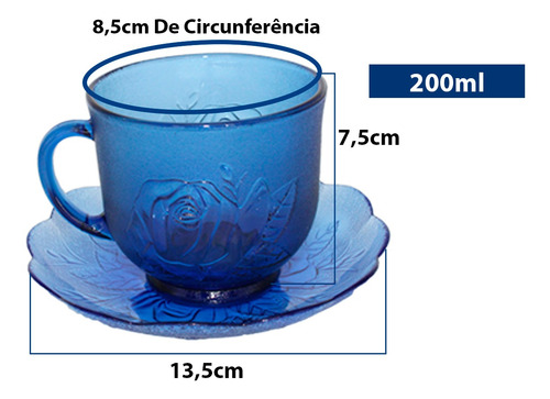 Conjunto De Xícaras Chá Café Com Pires Azul 200ml 12peças