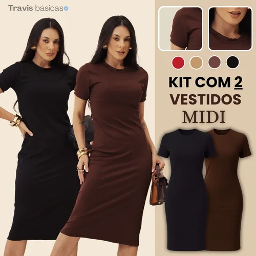 Kit 2 Vestido Midi Feminino Canelado Slim Casual Dia A Dia