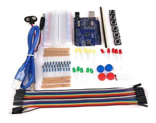 Arduino Uno R3 Kit Básico Con Proto 400 Pts Leds Y Otros!