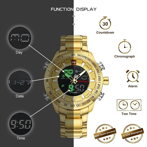 Relógio Naviforce 9093 Dourado Analógico Digital Promoção