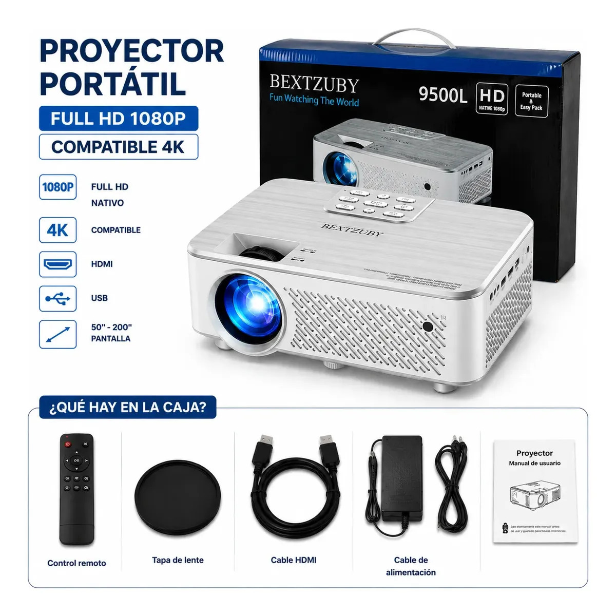 Proyector Portátil Mini Full HD 1080P Compatible 4K Bluetooth Cine en Casa HDMI USB para PC iOS Android