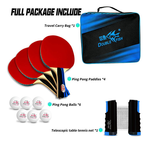 Double Fish Ping Pong Paddle Set Of 4, 6 Ping Pong Balls ...