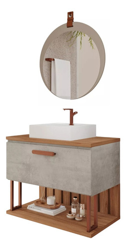 Gabinete Banheiro Com Cuba Duna 60cm Cimento Com Espelho Lua