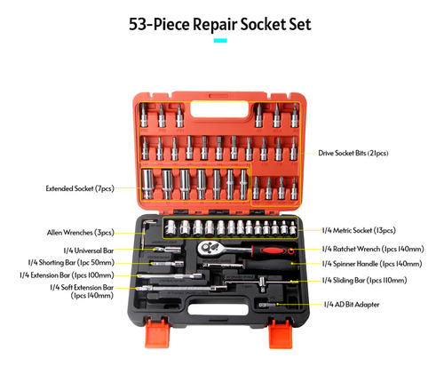 Juego De Llaves.enchufes 53pcs, 1/4 Pulgadas, Estuche Incl
